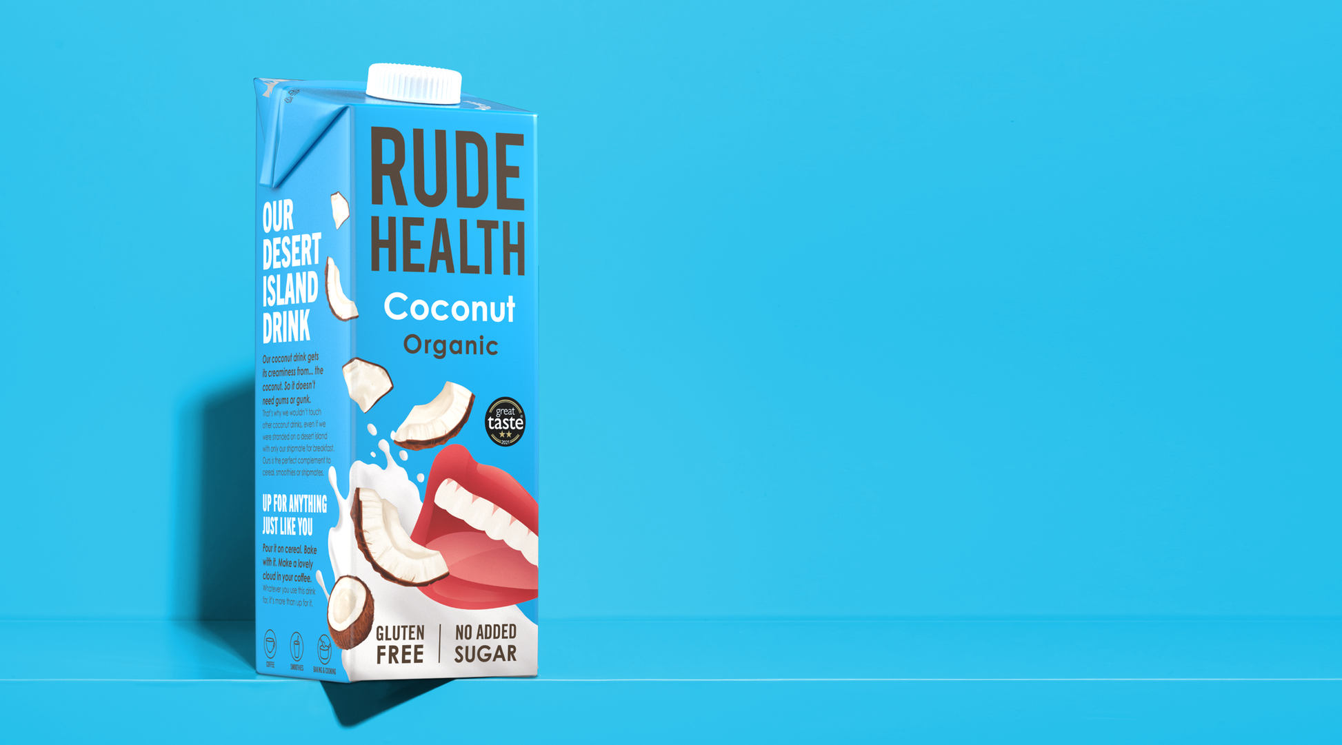 Rude Health Organic Coconut Drink poured, lifestyle shot