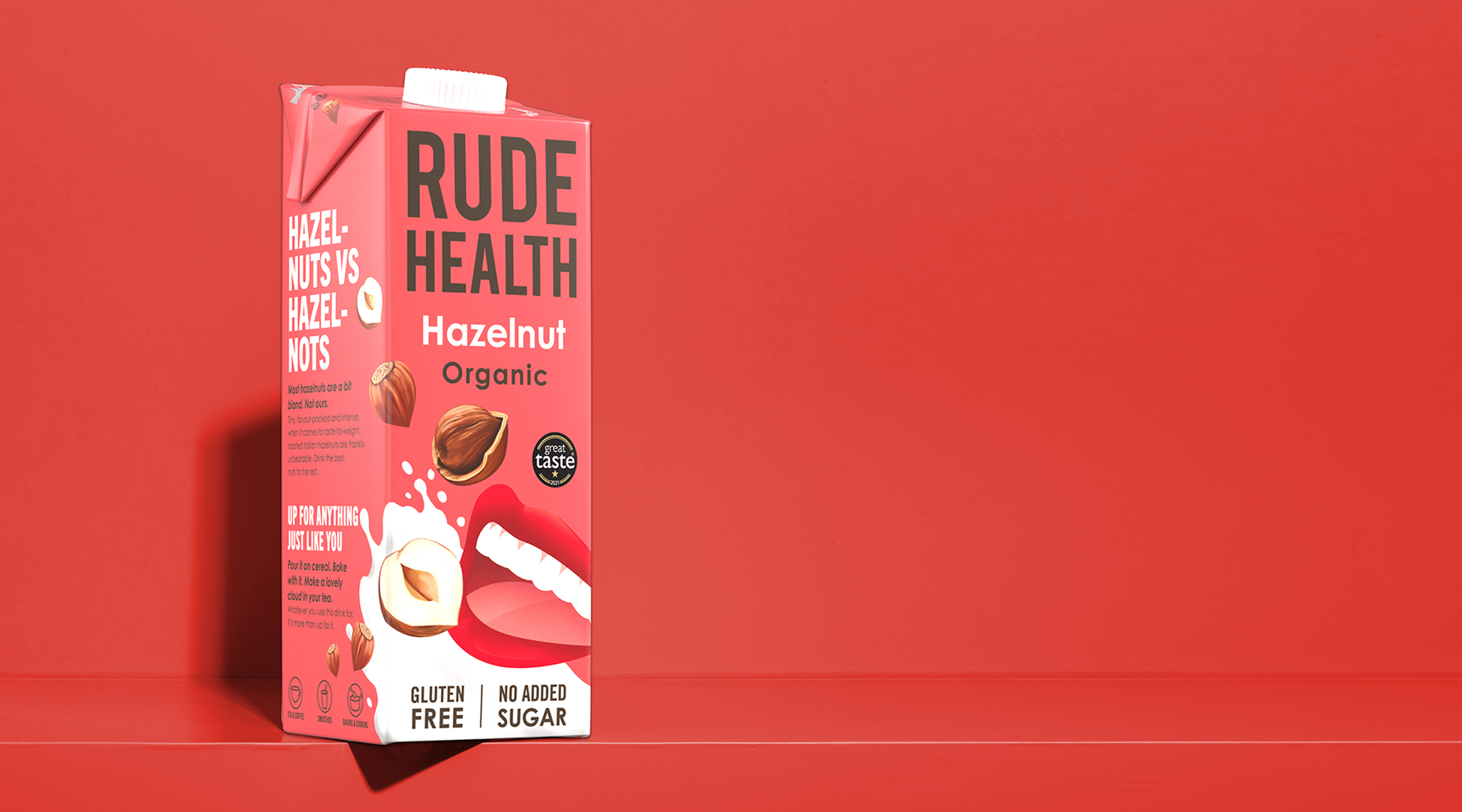 Rude Health Organic Hazelnut Drink poured, lifestyle shot