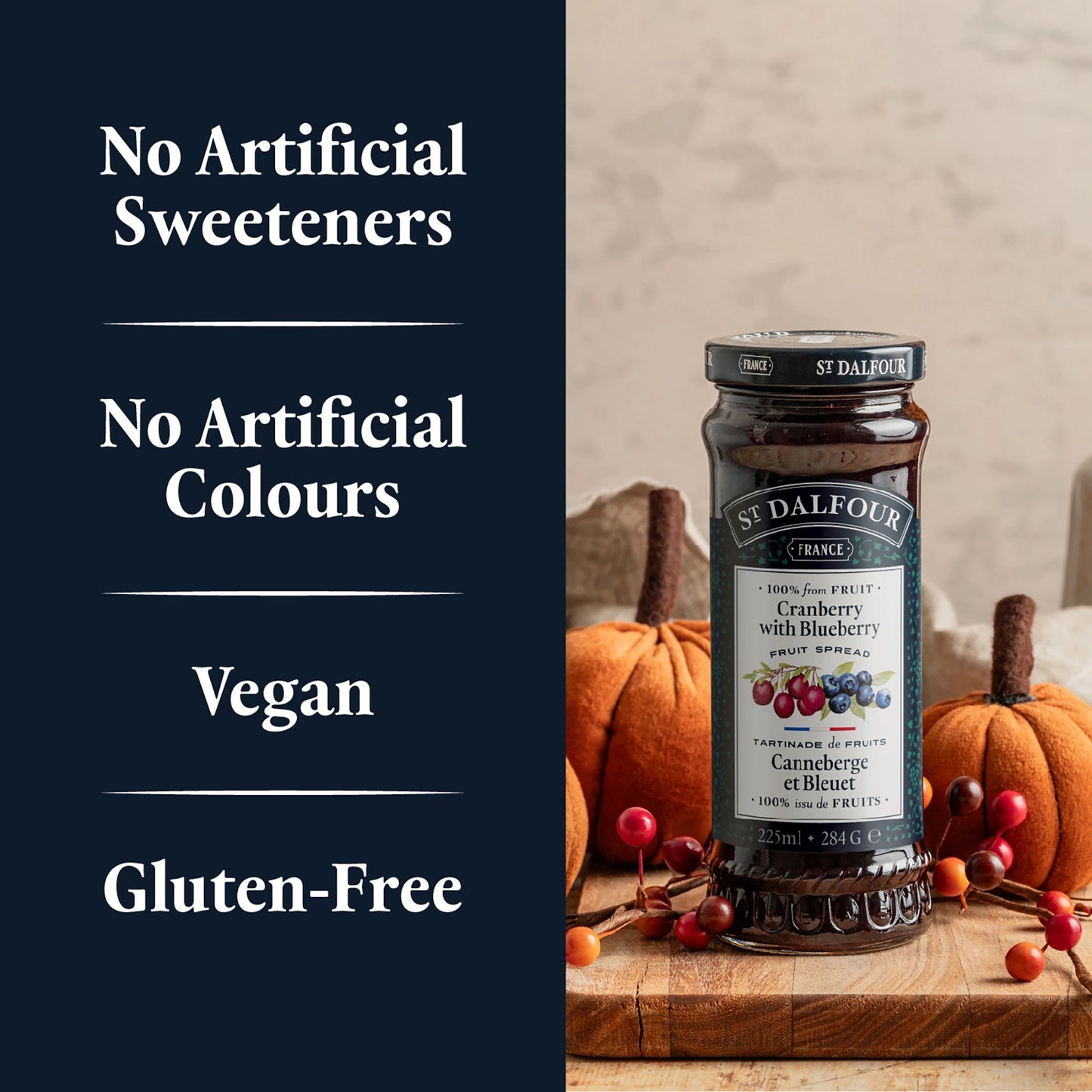 St Dalfour Cranberry with Blueberry Preserve product callouts