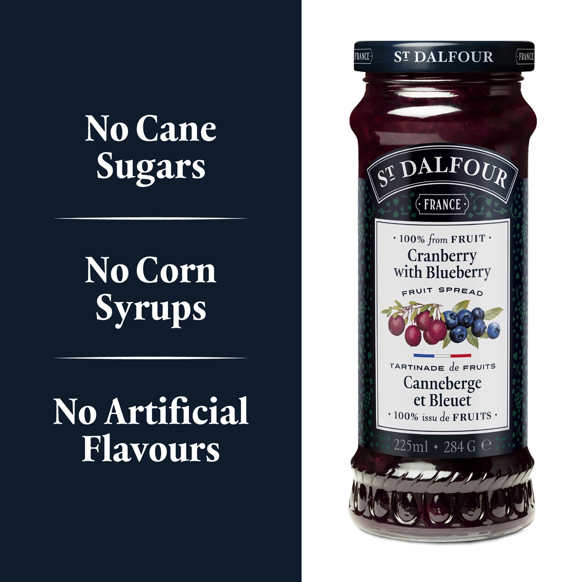 St Dalfour Cranberry with Blueberry Preserve ingredient callouts