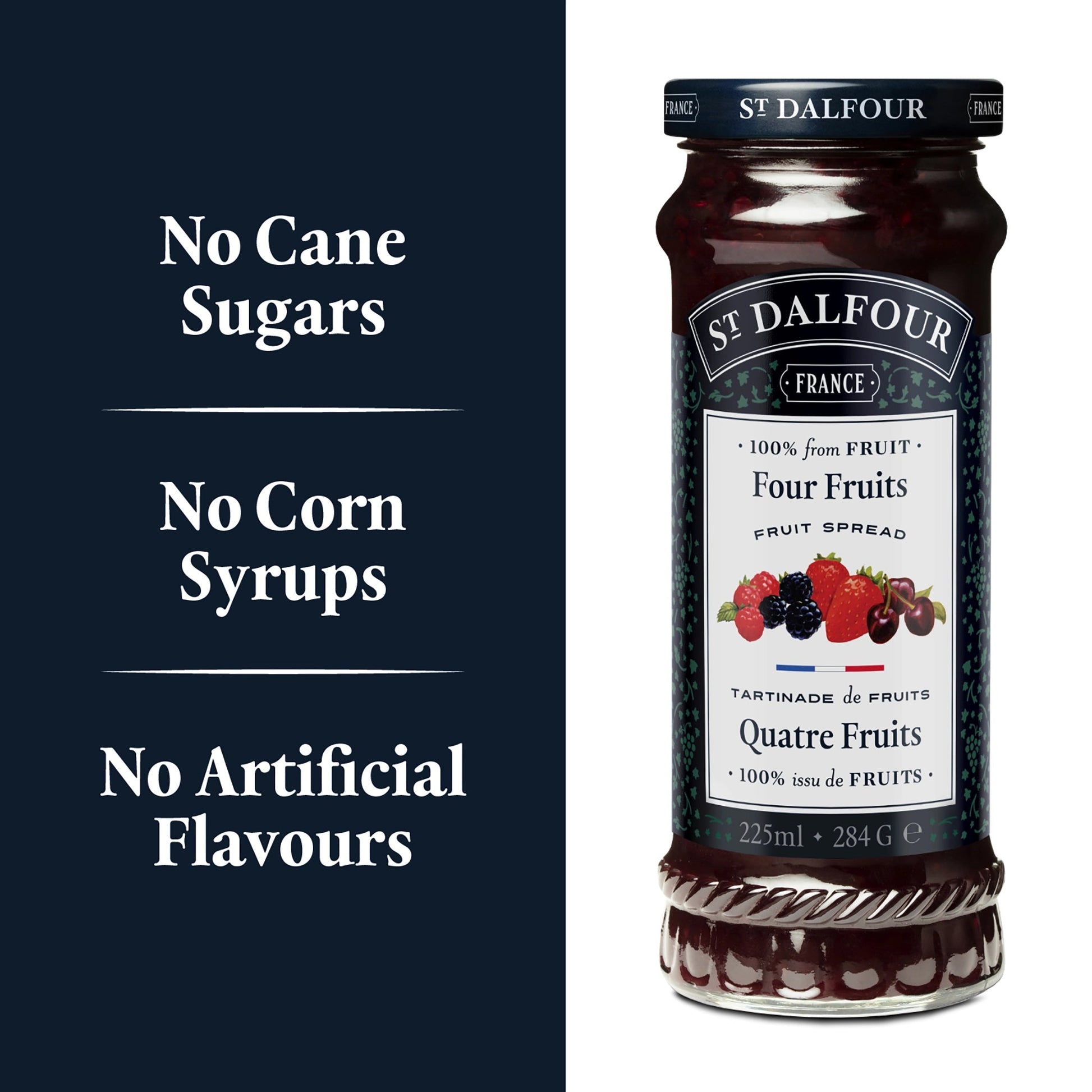 St Dalfour Four Fruits Preserve ingredient callouts