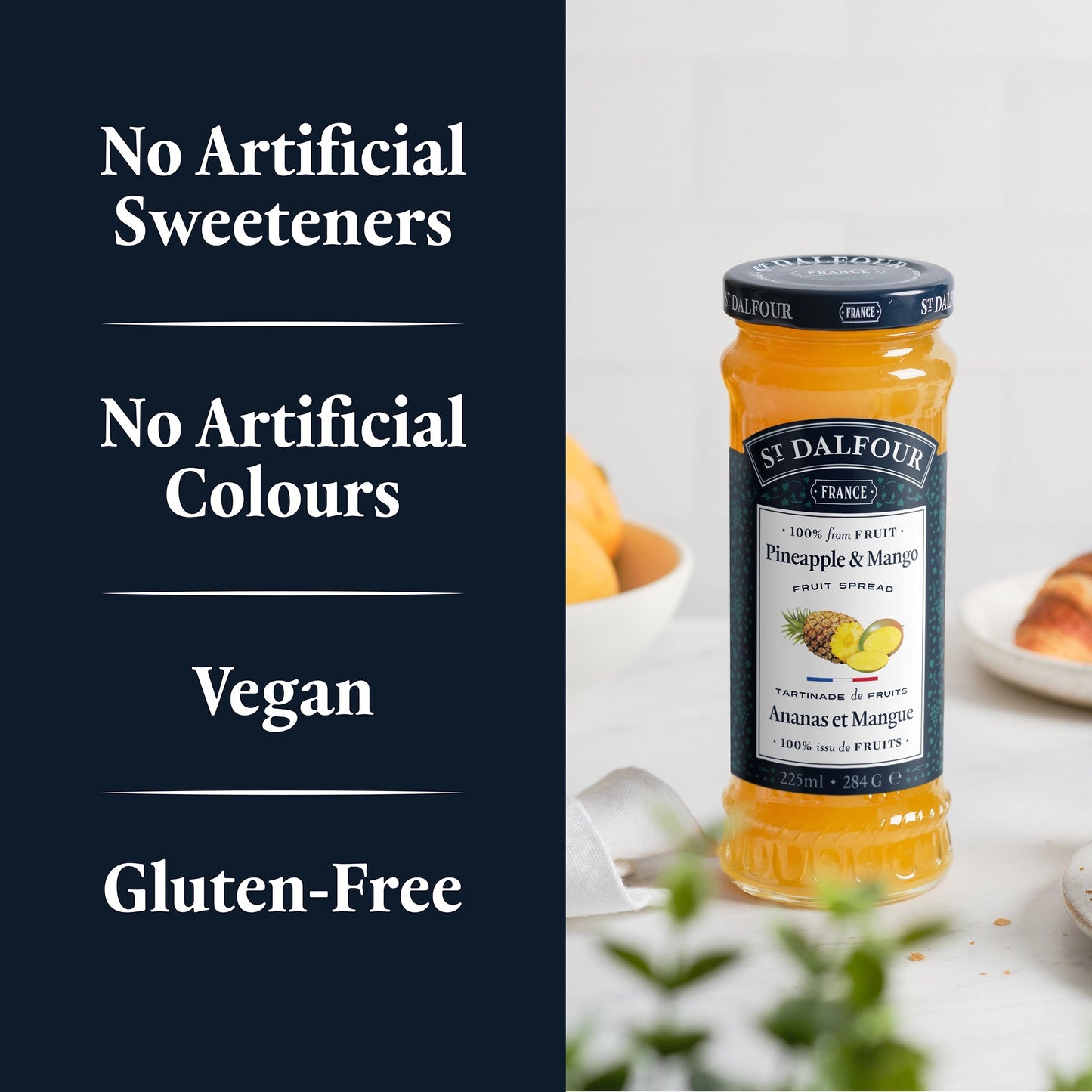 St Dalfour Pineapple & Mango Preserve product callouts