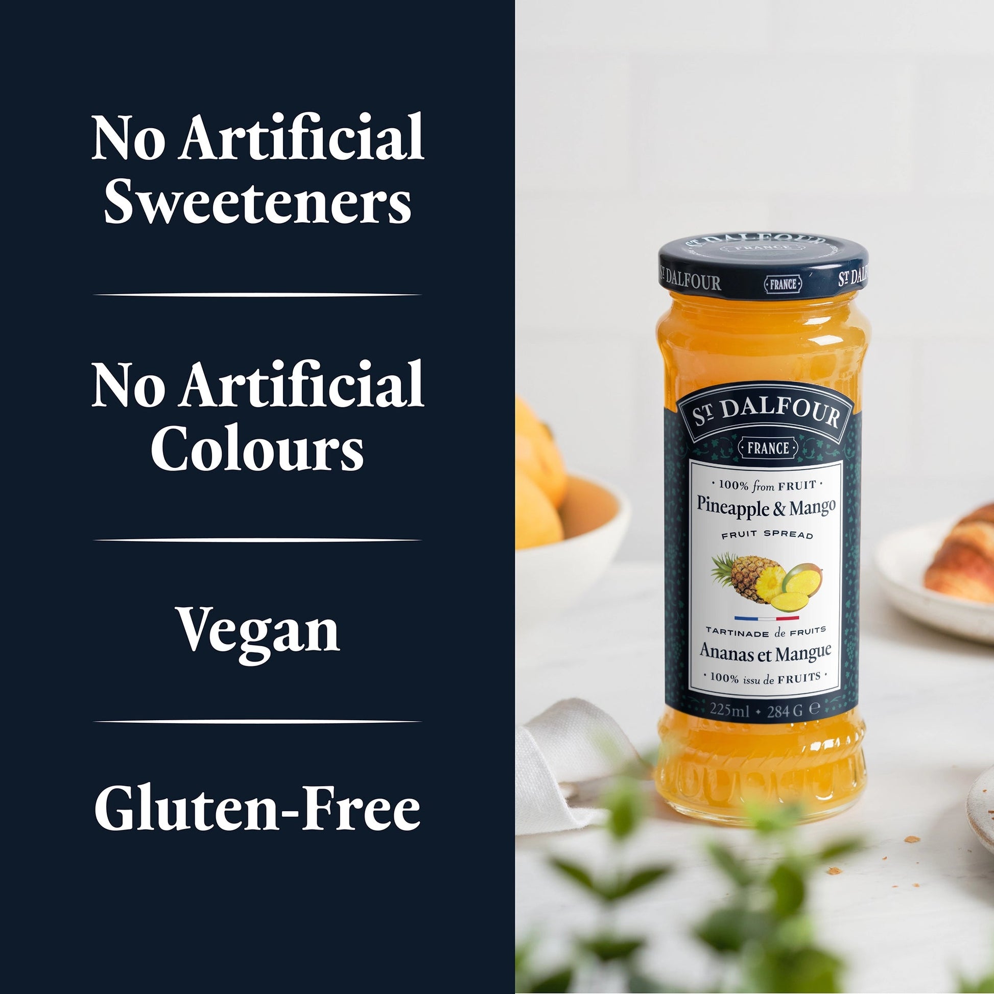 St Dalfour Pineapple & Mango Preserve product callouts