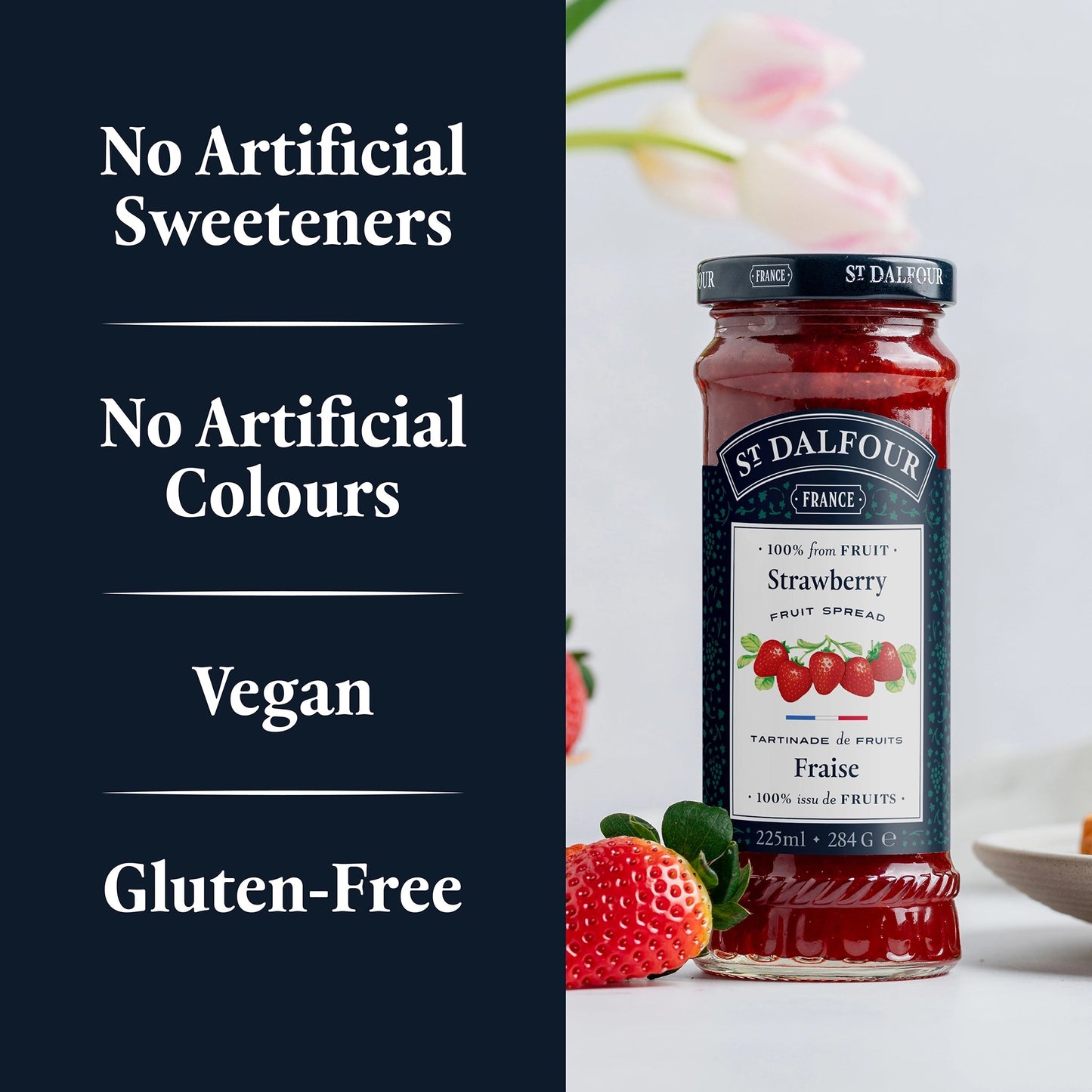 St Dalfour Strawberry Preserve product callouts