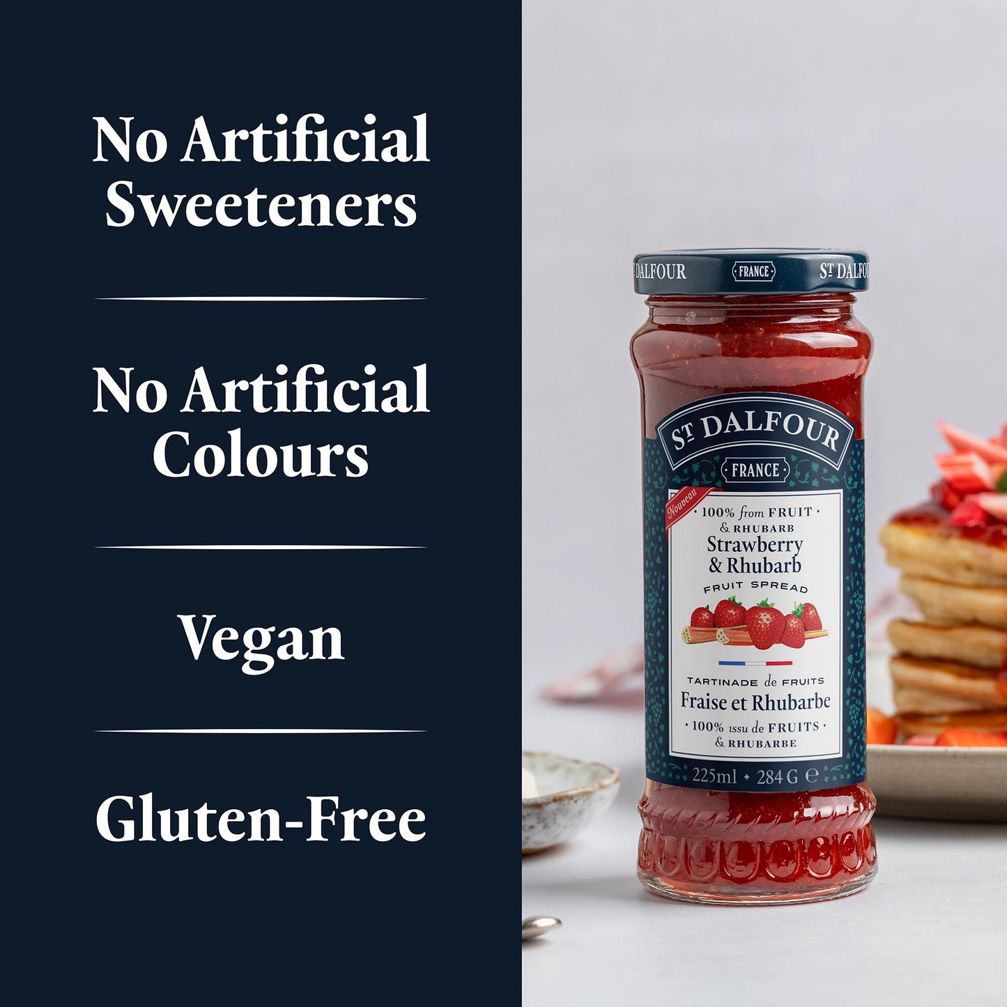 St Dalfour Strawberry & Rhubarb Preserve product callouts