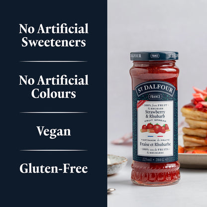 St Dalfour Strawberry & Rhubarb Preserve product callouts