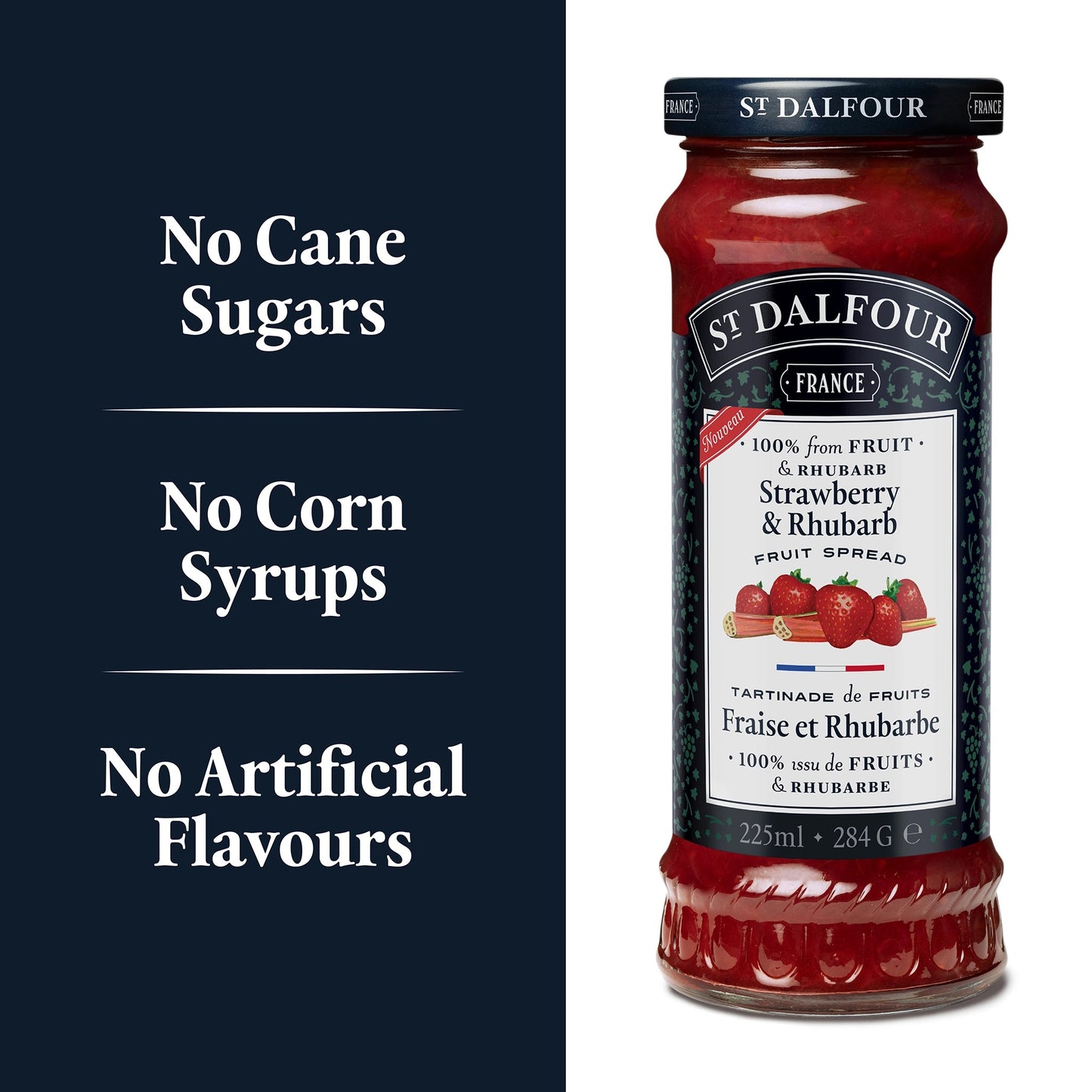 St Dalfour Strawberry & Rhubarb Preserve ingredient callouts