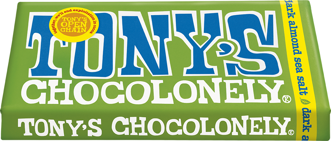 Tony's Chocolonely Dark Almond Sea Salt 51% bar, angled pack shot