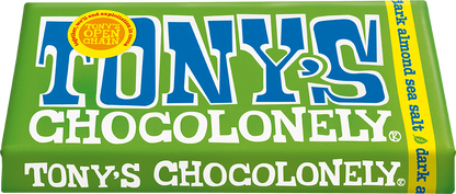 Tony's Chocolonely Dark Almond Sea Salt 51% bar, angled pack shot