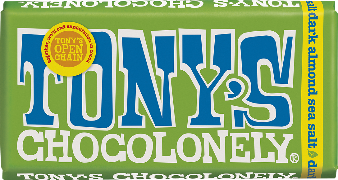 Tony's Chocolonely Dark Almond Sea Salt 51% bar, front of pack