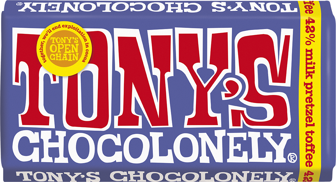 Tony's Chocolonely Dark Milk Pretzel Toffee 180g bar front of pack
