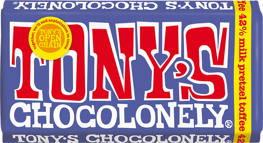 Tony's Chocolonely Dark Milk Pretzel Toffee 180g bar front of pack