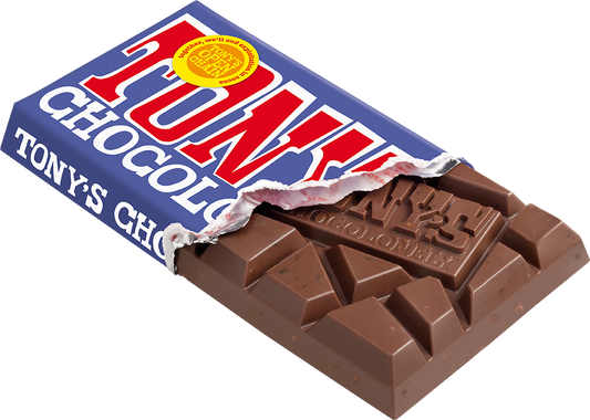 Tony's Chocolonely Dark Milk Pretzel Toffee bar opened pack showing chunky pieces