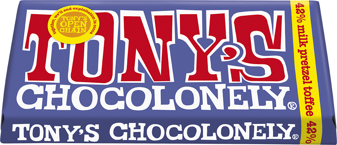 Tony's Chocolonely Dark Milk Pretzel Toffee 180g bar tilted pack shot