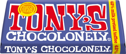 Tony's Chocolonely Dark Milk Pretzel Toffee 180g bar tilted pack shot
