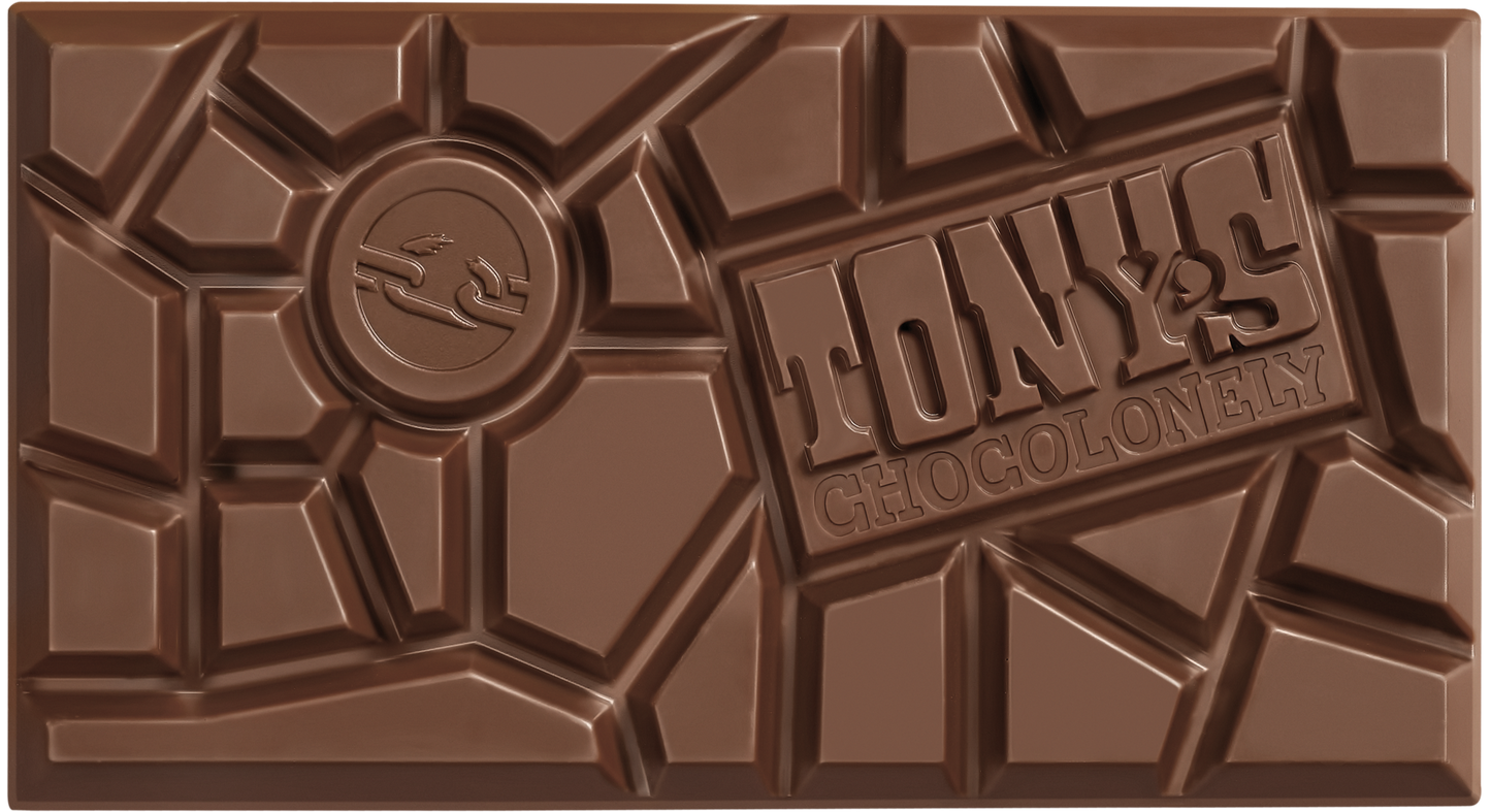 Tony's Chocolonely Dark Milk Pretzel Toffee unwrapped chocolate bar