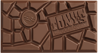 Tony's Chocolonely Dark Milk Pretzel Toffee unwrapped chocolate bar