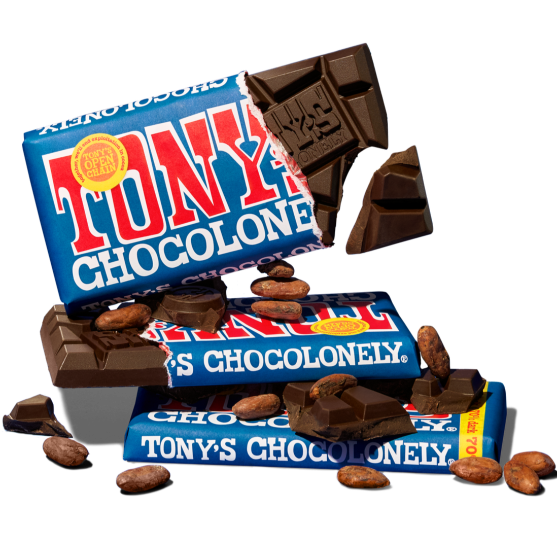 Tony's Chocolonely Extra Dark 70% chocolate bar broken into chunks