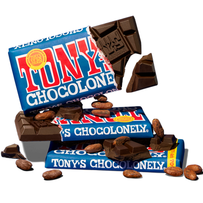 Tony's Chocolonely Extra Dark 70% chocolate bar broken into chunks