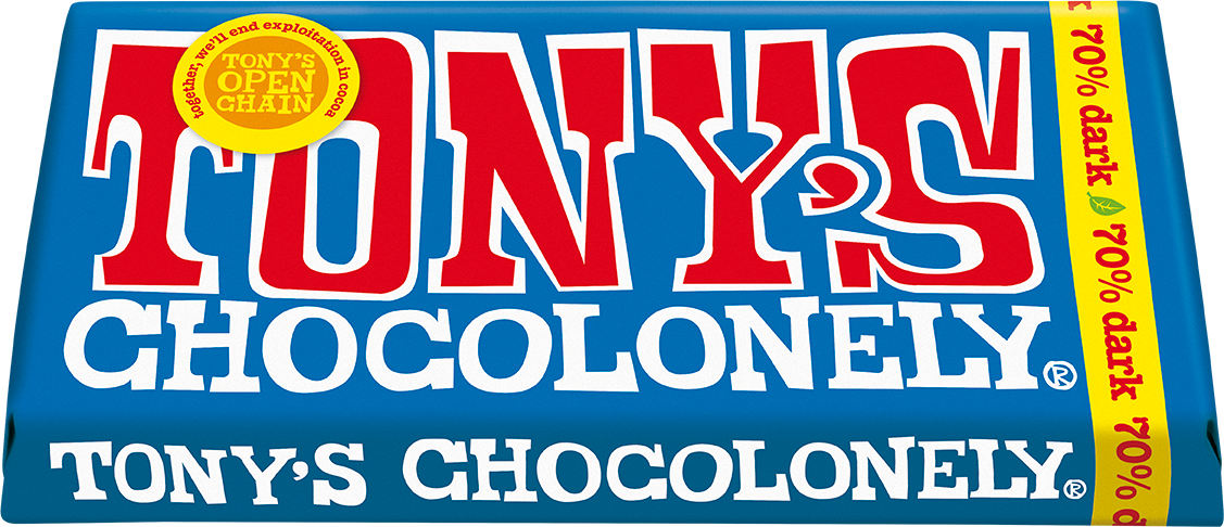 Tony's Chocolonely Extra Dark 70% 180g bar tilted pack shot