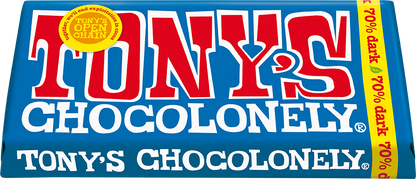 Tony's Chocolonely Extra Dark 70% 180g bar tilted pack shot