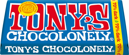 Tony's Chocolonely Extra Dark 70% 180g bar tilted pack shot
