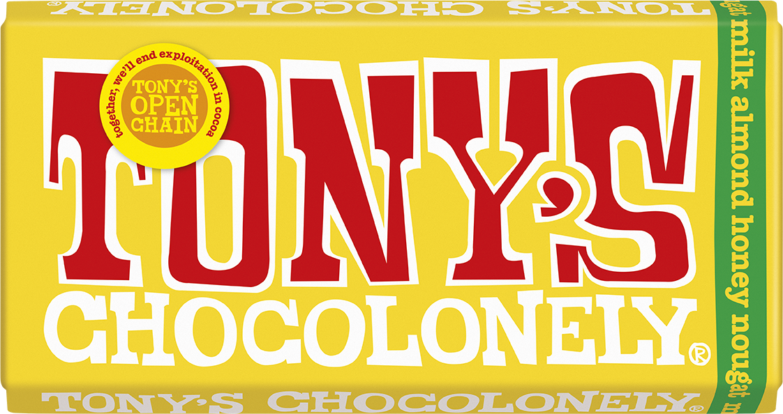 Tony's Chocolonely Milk Almond Honey Nougat 180g bar front of pack