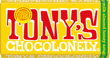Tony's Chocolonely Milk Almond Honey Nougat 180g bar front of pack