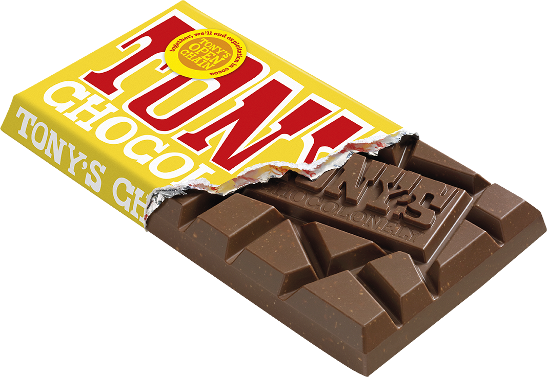 Tony's Chocolonely Milk Almond Honey Nougat bar opened pack showing chunky pieces