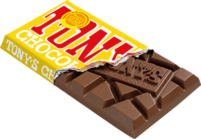 Tony's Chocolonely Milk Almond Honey Nougat bar opened pack showing chunky pieces