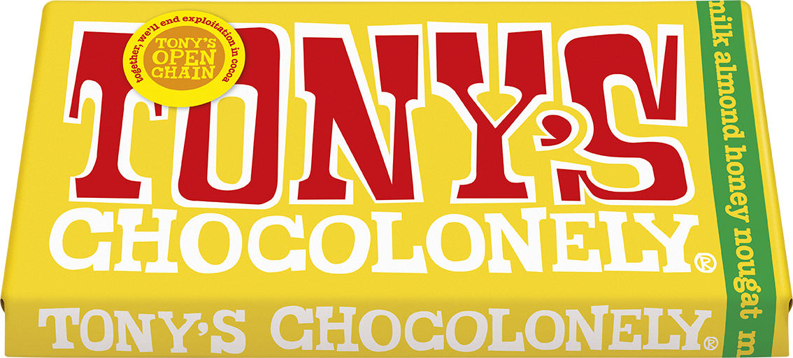 Tony's Chocolonely Milk Almond Honey Nougat 180g bar tilted pack shot