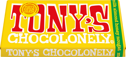 Tony's Chocolonely Milk Almond Honey Nougat 180g bar tilted pack shot