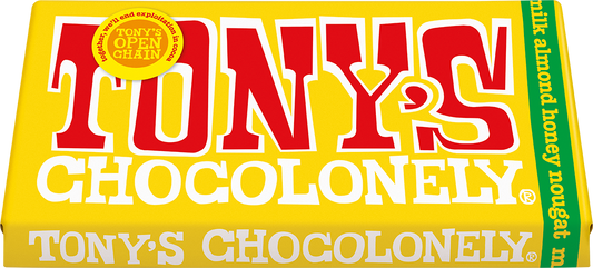 Tony's Chocolonely Milk Almond Honey Nougat 180g bar tilted pack shot