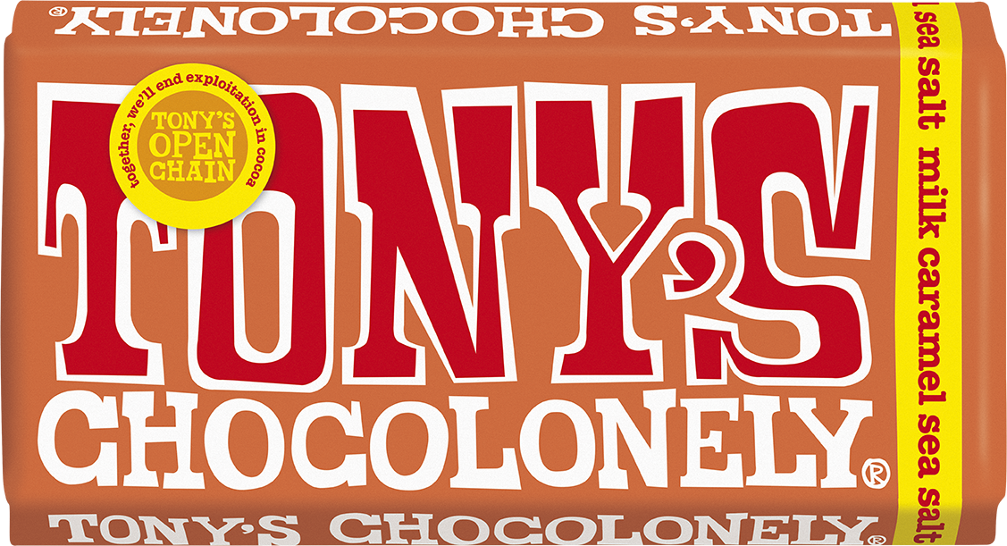 Tony's Chocolonely Milk Caramel Sea Salt 180g bar front of pack