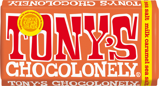 Tony's Chocolonely Milk Caramel Sea Salt 180g bar front of pack