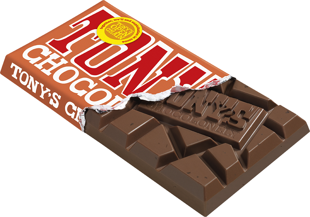 Tony's Chocolonely Milk Caramel Sea Salt bar opened pack showing chunky pieces