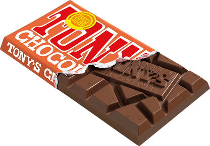 Tony's Chocolonely Milk Caramel Sea Salt bar opened pack showing chunky pieces