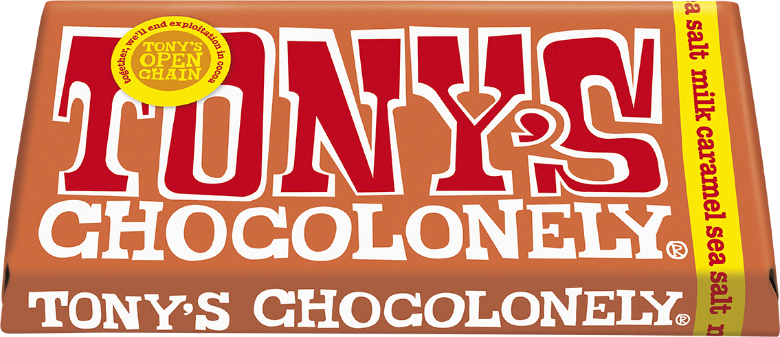 Tony's Chocolonely Milk Caramel Sea Salt 180g bar tilted pack shot