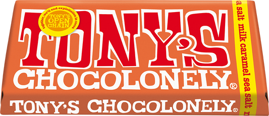 Tony's Chocolonely Milk Caramel Sea Salt 180g bar tilted pack shot