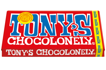 Tony's Chocolonely Milk Chocolate 32% bar, angled pack shot