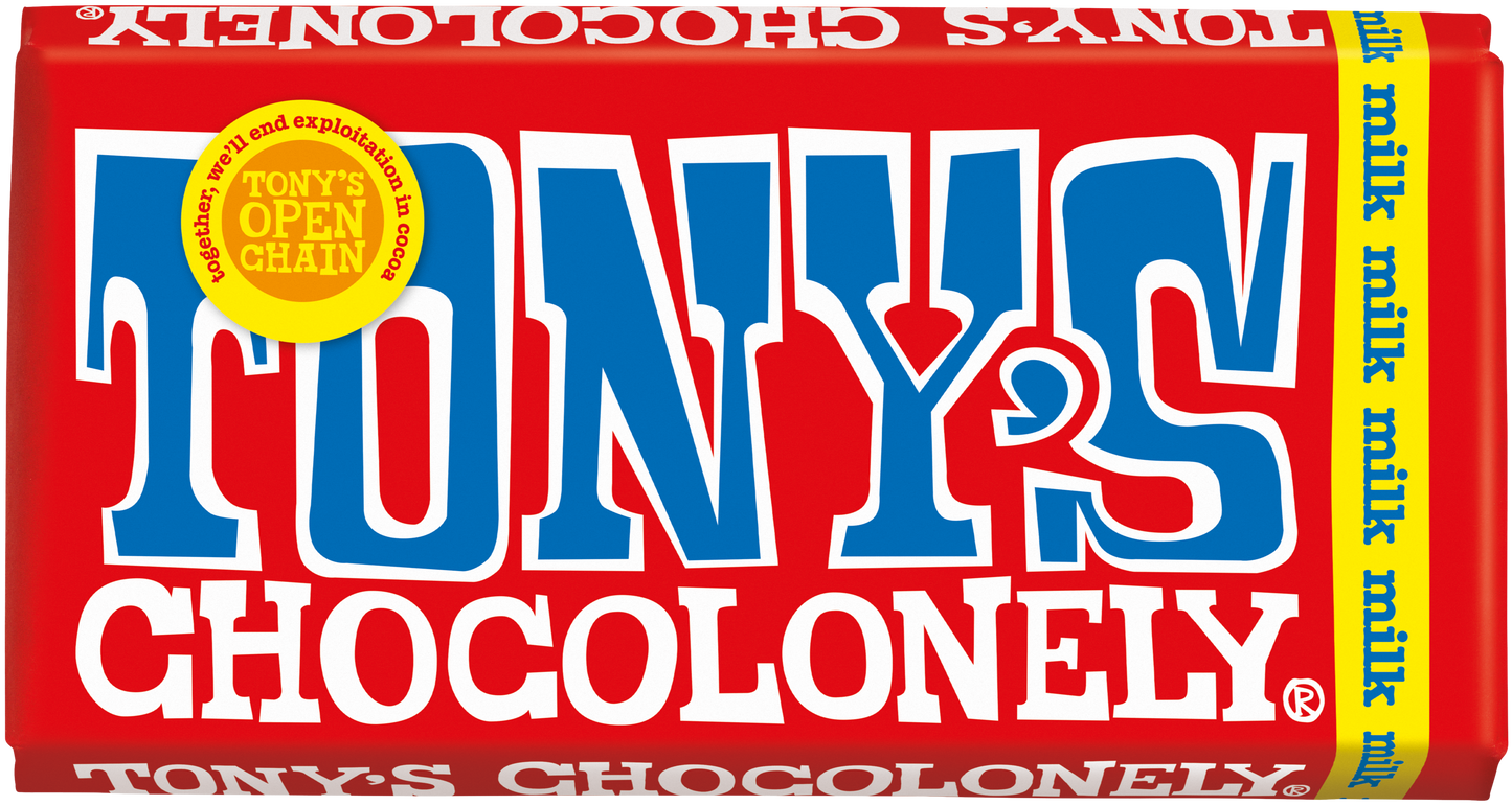 Tony's Chocolonely Milk Chocolate 32% bar, front of pack
