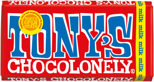 Tony's Chocolonely Milk Chocolate 32% bar, front of pack