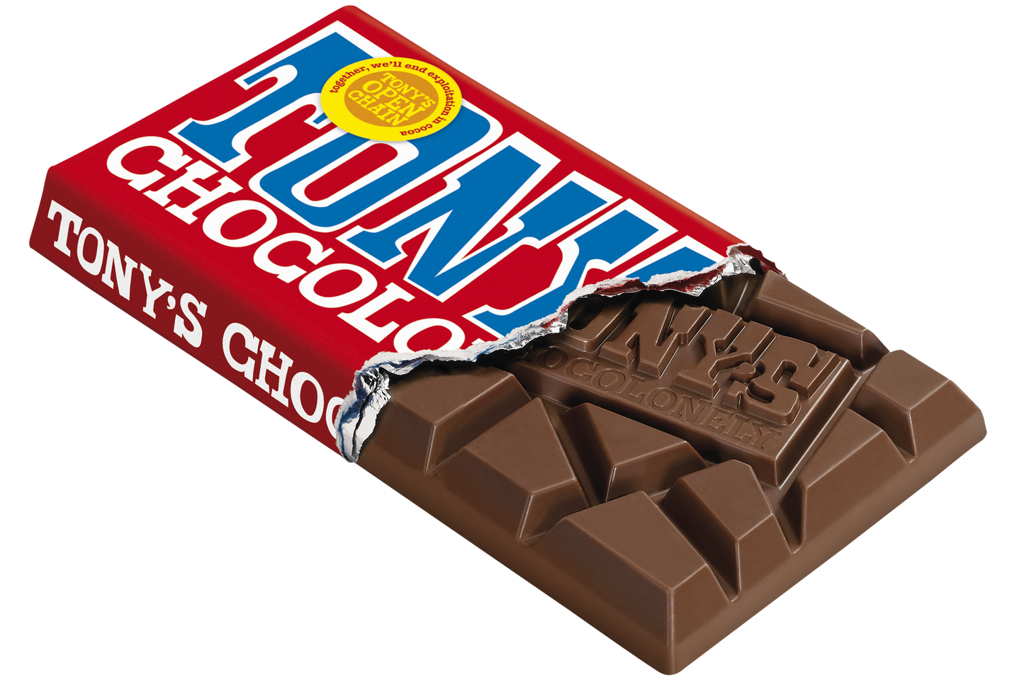 Tony's Chocolonely Milk Chocolate 32% bar, unwrapped chunks