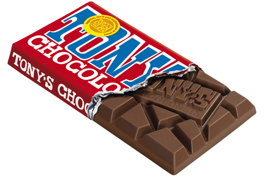 Tony's Chocolonely Milk Chocolate 32% bar, unwrapped chunks