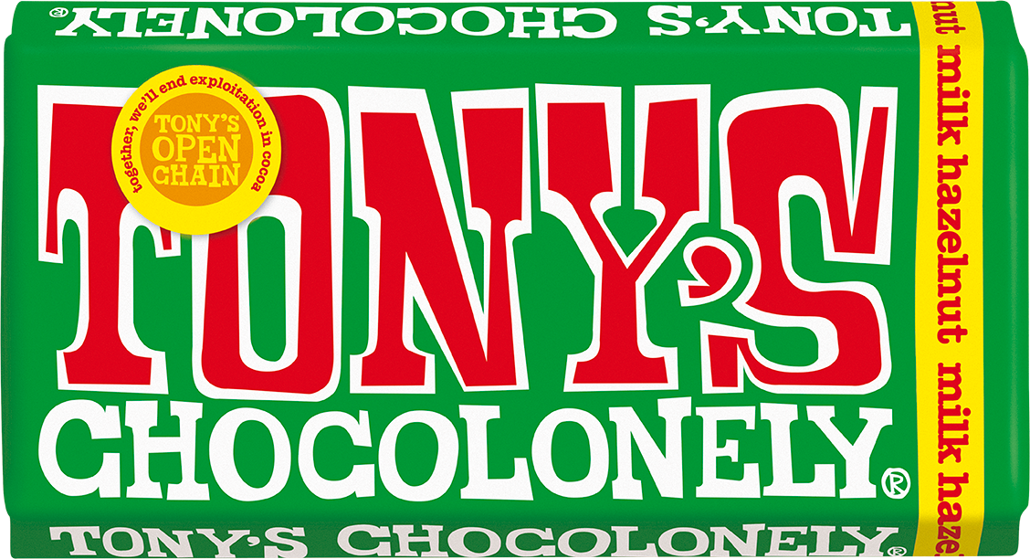 Tony's Chocolonely Milk Hazelnut 180g bar front of pack