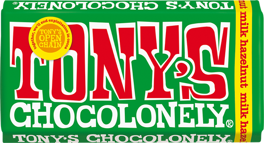 Tony's Chocolonely Milk Hazelnut 180g bar front of pack