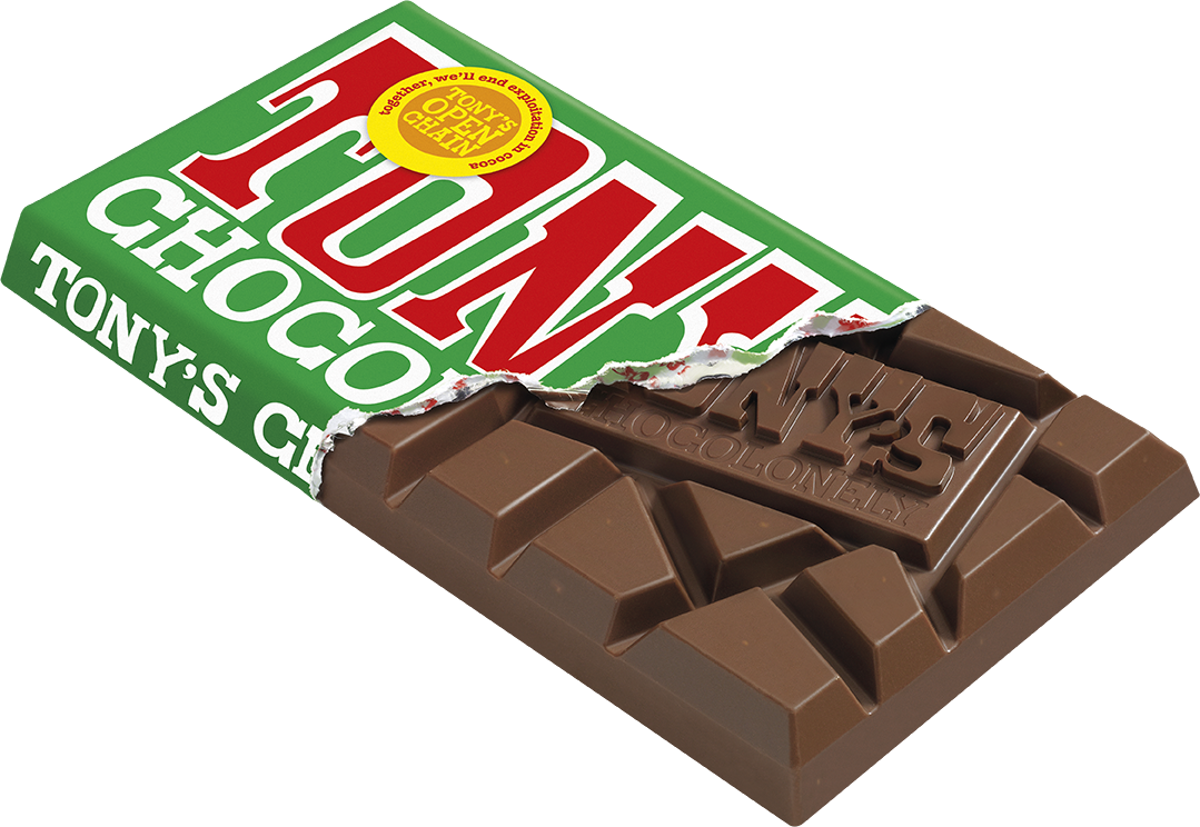 Tony's Chocolonely Milk Hazelnut bar opened pack showing whole hazelnuts