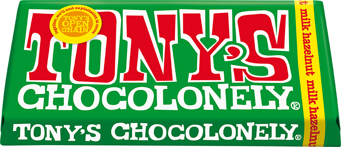 Tony's Chocolonely Milk Hazelnut 180g bar tilted pack shot
