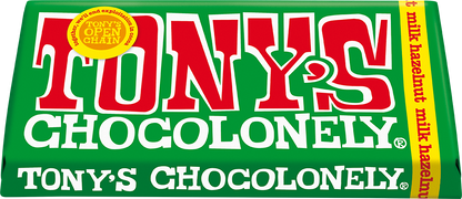 Tony's Chocolonely Milk Hazelnut 180g bar tilted pack shot
