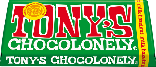 Tony's Chocolonely Milk Hazelnut 180g bar tilted pack shot